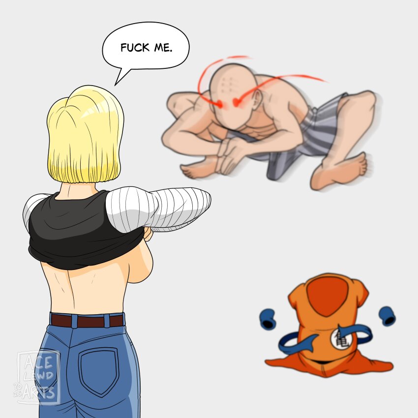 1boy 1girl acelewdarts android_18 bald bald_male blonde_hair breasts couple diving dragon_ball english_text excited excited_for_sex grey_background hard_penis husband_and_wife jumping kuririn muscular muscular_male red_eyes speech_bubble taking_off_clothes