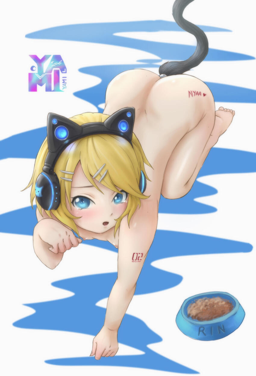 1girl all_fours anal anal_beads anal_object_insertion anal_tail animal_ear_headphones animal_ears aqua_eyes arm_tattoo blonde_hair blush body_writing bowl breasts butt_plug cat_ear_headphones cat_ears cat_girl cat_tail completely_nude fake_animal_ears fake_tail full_body goldenn_yami hair_ornament hairclip headphones headset highres kagamine_rin leg_tattoo looking_at_viewer nipples nude number_tattoo object_insertion open_mouth paw_pose pet_bowl pet_food pet_play sex_toy short_hair simple_background small_breasts solo tail tail_ornament tattoo vocaloid