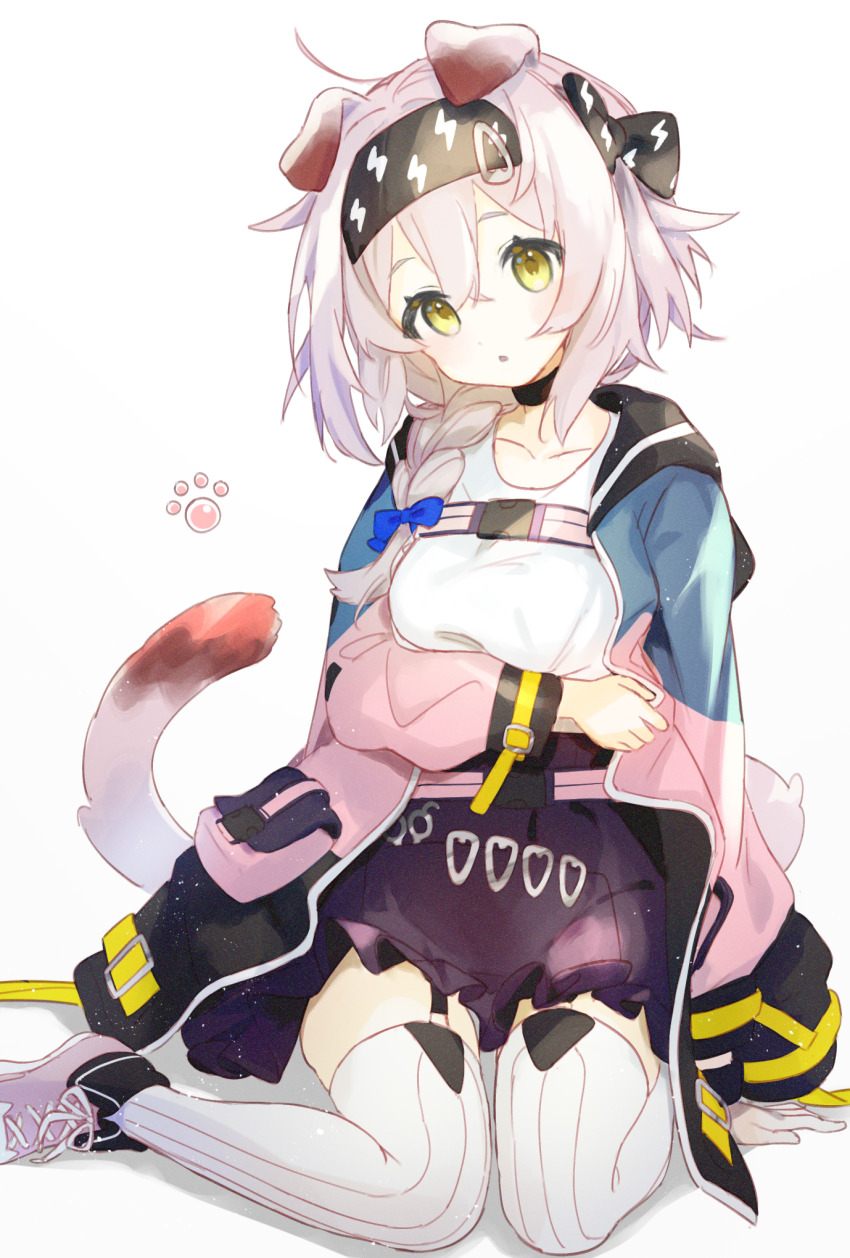 1girl :o animal_ears aqua_jacket arknights black_choker black_hairband bow choker collarbone commentary goldenglow_(arknights) hair_between_eyes hair_bow hair_ornament hairband hairclip highres jacket long_sleeves looking_at_viewer medium_hair open_clothes open_jacket parted_lips pink_hair pink_jacket pink_tail purple_bow shirt simple_background sitting solo suzuiro_(chocolatte) t-shirt tail thighhighs wariza white_background white_shirt white_thighhighs yellow_eyes