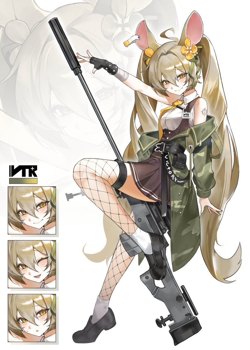 1girl :o absurdres ai_arctic_warfare animal_ears arm_up bandaged_arm bandages belt belt_pouch black_belt black_dress black_footwear black_gloves blush bolt_action breasts camouflage camouflage_coat closed_mouth coat collared_shirt dress english_text expressions fingerless_gloves fishnet_thighhighs fishnets from_side gloves green_coat green_ribbon gun hair_between_eyes hair_ribbon heel_up highres k1my0 light_brown_hair loafers long_hair long_sleeves looking_at_viewer medium_breasts mole mole_under_eye mouse_ears mouse_girl necktie off_shoulder one_eye_closed open_clothes open_coat open_mouth original outstretched_arm parted_lips pouch ribbon rifle shirt shoes shoulder_tattoo sleeveless sleeveless_shirt smile sniper_rifle socks standing standing_on_one_leg suppressor tattoo thighhighs very_long_hair weapon white_shirt white_socks yellow_eyes yellow_necktie zoom_layer