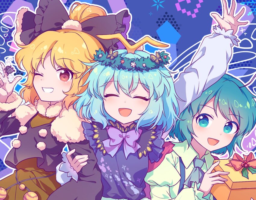 3girls :d antennae arm_up ascot black_bow blonde_hair blue_background blue_hair blush bow bowtie box brown_dress bug closed_eyes collared_shirt commentary_request dress eternity_larva fur-trimmed_sleeves fur_trim green_ascot green_eyes green_hair green_shirt grin hair_bow hand_up highres holding holding_another&#039;s_arm holding_box juliet_sleeves kaoling korean_commentary kurodani_yamame long_sleeves multiple_girls one_eye_closed open_mouth outline outstretched_arm puffy_sleeves purple_bow purple_bowtie red_eyes shirt short_hair silk smile solo spider spider_web touhou white_outline wreath wriggle_nightbug