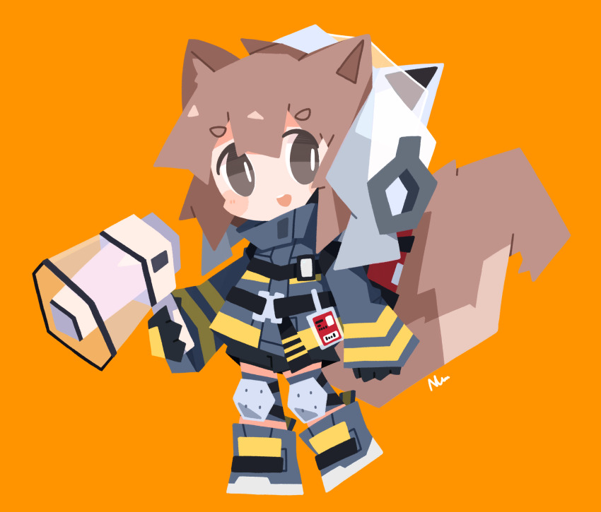 1girl :d animal_ears animal_helmet arknights black_shorts blush_stickers brown_hair chibi fake_animal_ears fire_helmet firefighter_jacket full_body grey_eyes grey_footwear grey_jacket hair_between_eyes highres holding holding_megaphone jacket knee_pads looking_at_viewer megaphone nuu_(nu-nyu) open_mouth orange_background shaw_(arknights) shoes short_eyebrows shorts signature simple_background smile solo squirrel_ears squirrel_girl squirrel_tail standing standing_on_one_leg tail teeth thick_eyebrows upper_teeth_only white_headwear