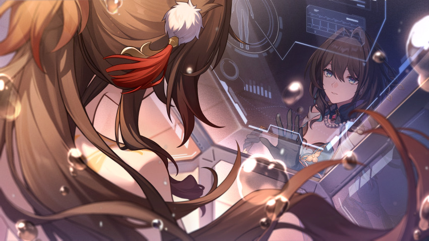 2girls absurdres bad_link bare_shoulders black_gloves black_hair blue_dress blue_eyes breasts brown_hair bubble clothed_female_nude_female cryostasis_pod detached_collar dress eyeshadow floating_hair fugue_(honkai:_star_rail) game_cg gloves hair_intakes hair_ornament highres holographic_interface honkai:_star_rail honkai_(series) indoors jewelry long_hair looking_at_another makeup medium_breasts multiple_girls necklace nude official_art parted_lips pearl_necklace pom_pom_(clothes) ponytail red_eyeshadow ruan_mei_(honkai:_star_rail) shoulder_tattoo submerged tattoo tingyun_(honkai:_star_rail) very_long_hair