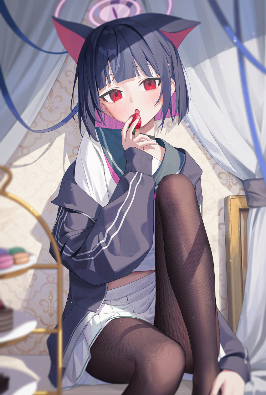 1girl aya_(lezon) black_hair black_jacket black_pantyhose blue_archive colored_inner_hair food fruit green_sailor_collar highres holding holding_food holding_fruit hood hood_down hooded_jacket jacket kazusa_(blue_archive) long_sleeves multicolored_hair neckerchief pantyhose pink_hair pink_neckerchief pleated_skirt red_eyes sailor_collar school_uniform serafuku short_hair skirt solo strawberry white_skirt