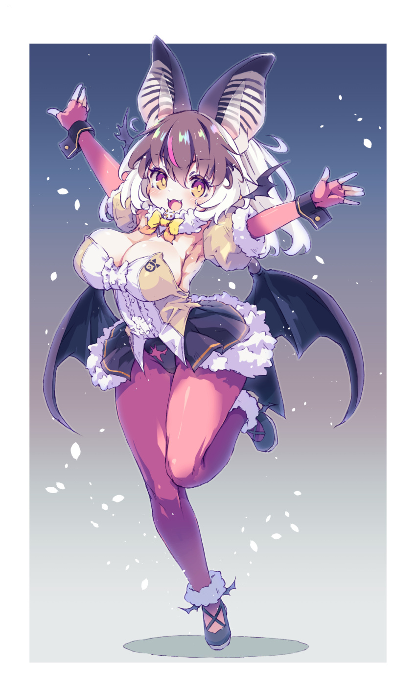 1girl animal_ears armpits arms_up bat_ears bat_girl bat_wings breasts brown_eyes brown_hair brown_long-eared_bat_(kemono_friends) cleavage elbow_gloves extra_ears fingerless_gloves full_body gloves grey_hair highres japari_symbol kemono_friends kemono_friends_v_project kolshica large_breasts leotard long_hair looking_at_viewer microphone pantyhose shoes simple_background skirt solo virtual_youtuber wings