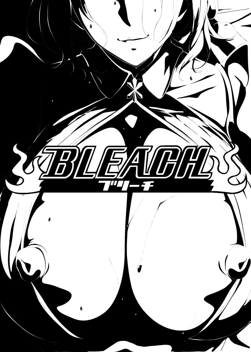 1girl absurdres bleach bleach:_sennen_kessen-hen breast_focus breasts center_opening cleavage copyright_name greyscale highres huge_breasts inoue_orihime large_nipples monochrome nipple_slip nipples smile theobrobine