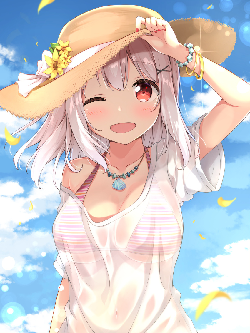 1girl ;d absurdres arm_at_side arm_up bangle bare_shoulders bikini bikini_under_clothes blue_sky blush bow bracelet breasts cloud collarbone day fingernails flower glint hair_between_eyes halterneck hand_on_headwear hat hat_bow hat_flower highres jewelry karutamo large_breasts long_hair looking_at_viewer nail_polish navel necklace off_shoulder one_eye_closed open_mouth original outdoors petals red_eyes red_nails ribbon seashell see-through_clothes shell shell_necklace shirt short_sleeves sky smile solo straw_hat striped_bikini striped_clothes swimsuit tisshu_(karutamo) upper_body white_bow white_hair white_ribbon white_shirt wide_sleeves yellow_flower