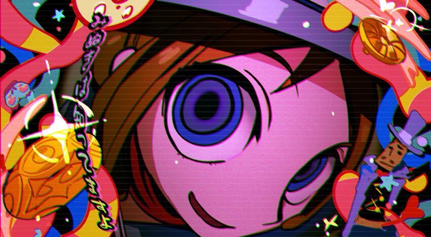 1girl ace_attorney apollo_justice:_ace_attorney badge blue_eyes blue_hat brown_hair crazy_smile eye_focus fisheye hat kabu_(1076_kabu) monitoring_(vocaloid) mr_hat_(ace_attorney) open_mouth pov_peephole red_scarf ringed_eyes scarf smile solo trucy_wright