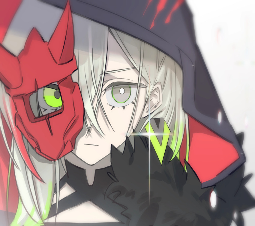 diabellstar_the_black_witch earrings green_eyes green_highlights highres hood jewelry lemon_ocg mask non-web_source white_hair yu-gi-oh!