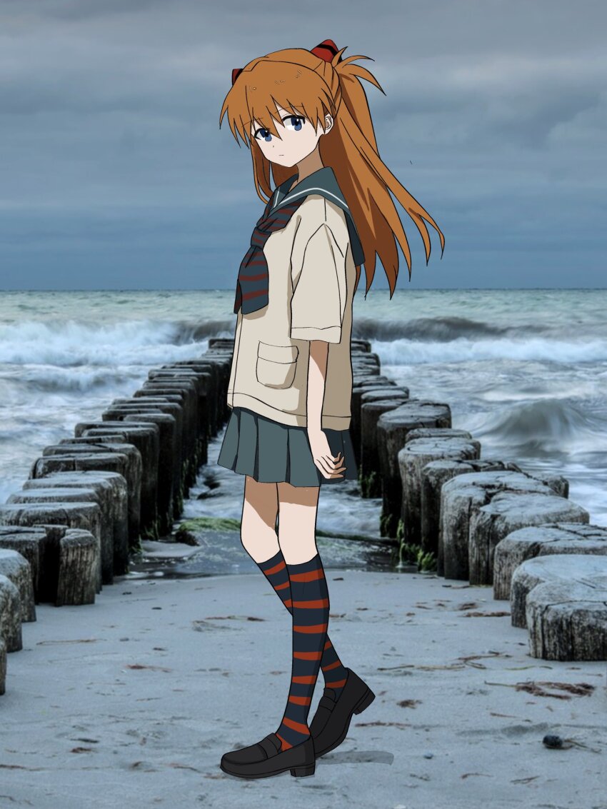 1girl bigrabbitcookie full_body highres horizon long_hair looking_at_viewer looking_to_the_side neon_genesis_evangelion orange_hair photo_background school_uniform shore solo souryuu_asuka_langley water