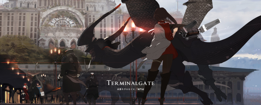 1girl architecture black_pantyhose boots brown_hair building cloud cloudy_sky coat dragon from_behind from_below lamppost military military_uniform off_shoulder original pantyhose photo_background puffy_short_sleeves puffy_sleeves red_shirt shirt short_hair short_sleeves siirakannu sky soldier sword thigh_boots thigh_strap thighhighs tree weapon white_coat