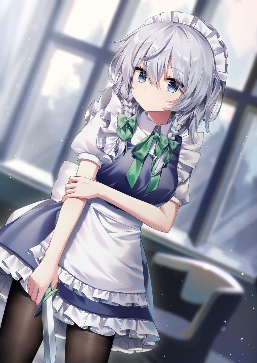 1girl absurdres apron black_pantyhose blue_eyes bow bowtie braid commentary_request green_bow green_bowtie grey_hair hair_bow highres holding holding_knife izayoi_sakuya knife long_hair looking_at_viewer maid maid_headdress pantyhose pudding_(skymint_028) short_sleeves solo touhou twin_braids waist_apron white_apron