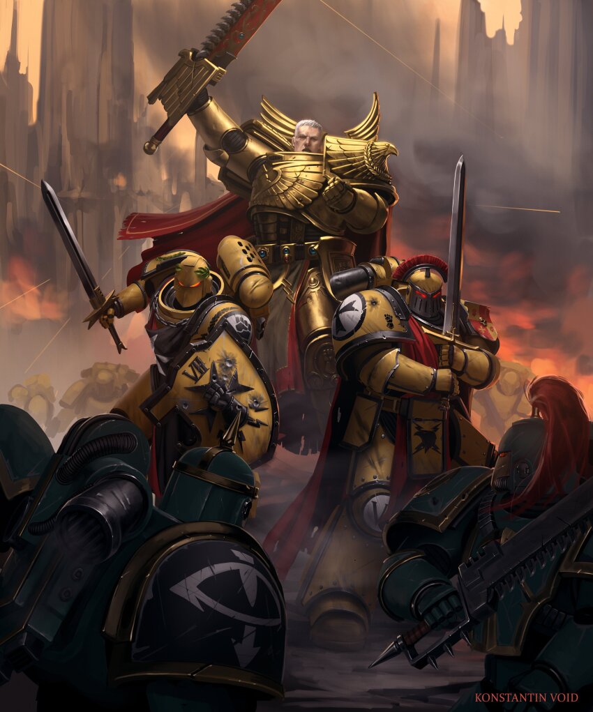 6+boys absurdres adeptus_astartes armor artist_name battle black_legion building chainsword chaos_space_marine commentary english_commentary explosion full_armor helmet highres holding holding_shield holding_sword holding_weapon imperial_fists konstantinvoid male_focus multiple_boys open_mouth orange_sky outdoors pauldrons primarch rogal_dorn shield short_hair shoulder_armor sky smoke smoke_trail standing sword warhammer_40k weapon white_hair