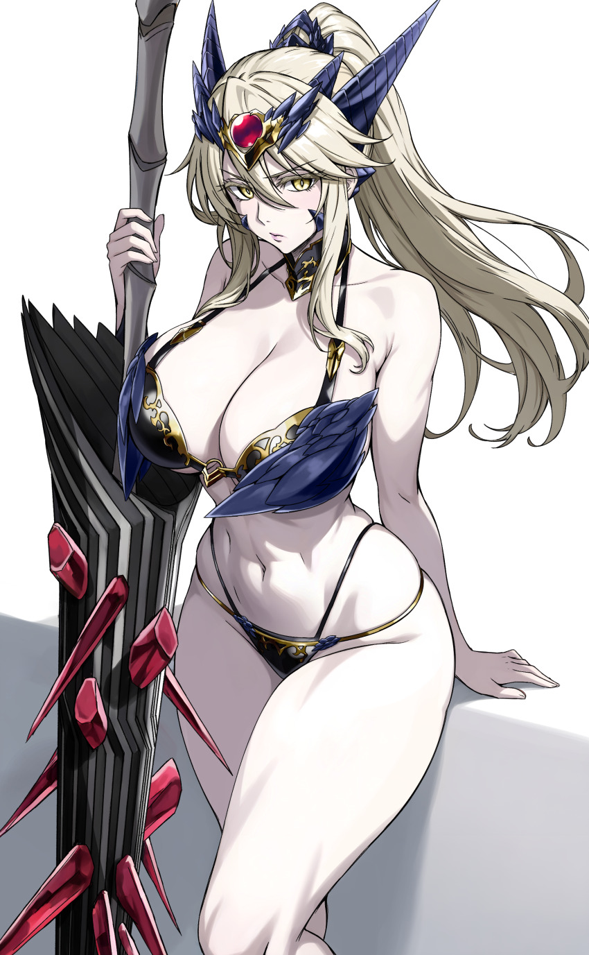 1girl absurdres armor artoria_pendragon_(fate) artoria_pendragon_(lancer_alter)_(fate) bare_shoulders bikini_armor blush breasts colored_skin commission dark_rhongomyniad_(fate) fate/grand_order fate_(series) highres holding holding_weapon horns huge_breasts long_hair looking_at_viewer ponytail rhongomyniad_(fate) solo swimsuit thick_thighs thighs underboob underwear weapon white_skin yellow_eyes zantyarz