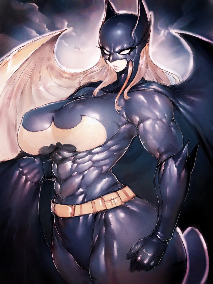 1girl abs animal_ears barbara_gordon bat_ears batgirl batman_(series) belt black_bodysuit black_cape black_gloves blank_eyes blonde_hair bodysuit breasts cape clenched_hand clothing_cutout covered_erect_nipples dc_comics fumio_(rsqkr) gloves highres holding holding_cape holding_unworn_clothes holding_unworn_clothes huge_breasts lips long_hair looking_at_viewer muscular muscular_female pale_skin skin_tight standing stephanie_brown superhero_costume thick_thighs thighs toned underboob_cutout utility_belt white_eyes wide_hips