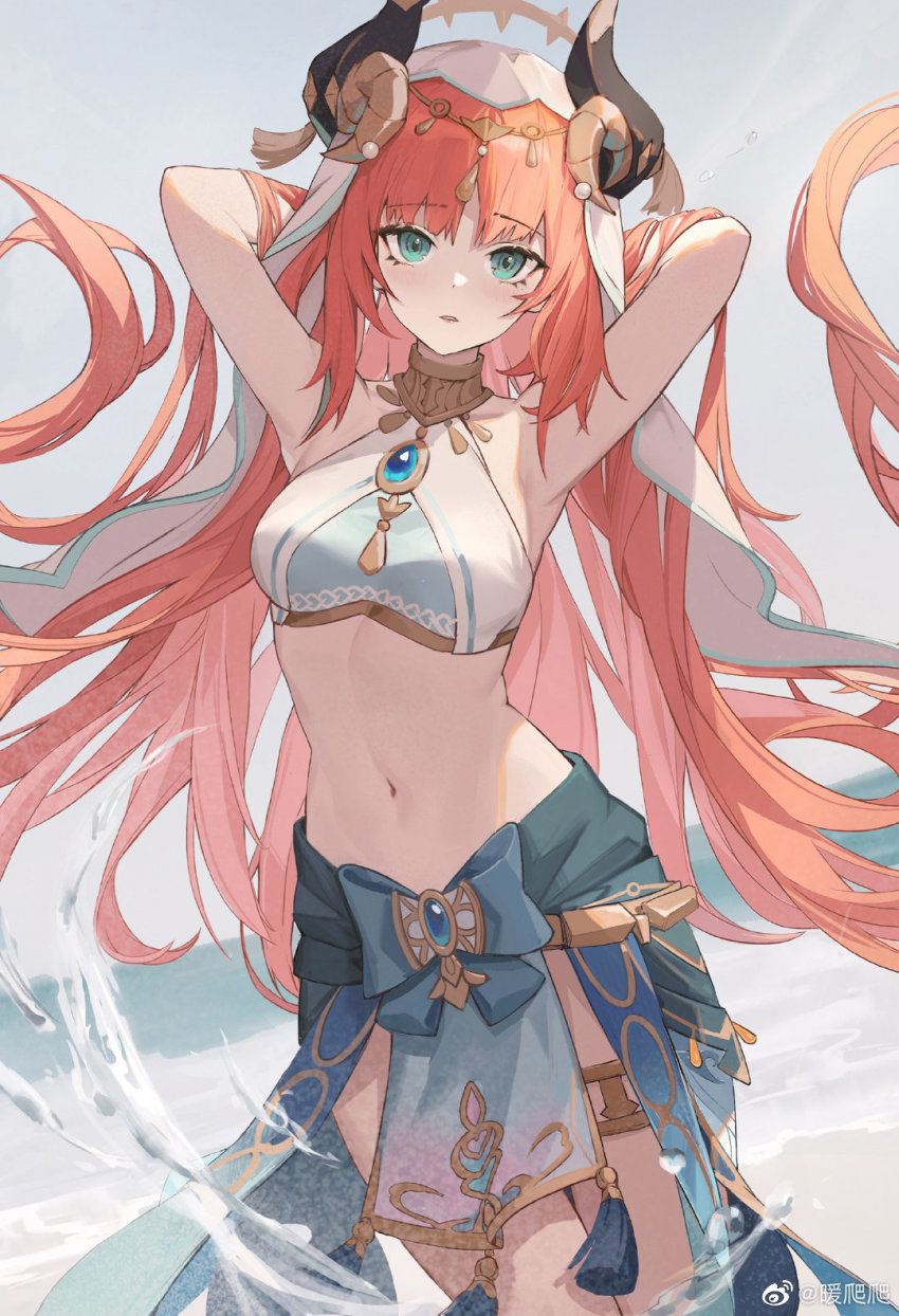 1girl armpits arms_behind_head arms_up bare_arms bare_shoulders circlet cowboy_shot crop_top floating_hair forehead_jewel genshin_impact gold_trim green_eyes harem_outfit highres jewelry long_hair long_sleeves looking_at_viewer low_twintails navel neck_ring nilou_(genshin_impact) nuanpapa parted_bangs parted_lips puffy_sleeves red_hair skirt stomach thighlet thighs twintails vambraces veil very_long_hair vision_(genshin_impact) water white_headdress