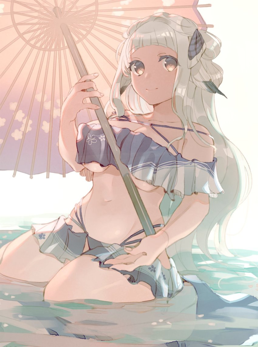 1girl absurdly_long_hair animal_ears aquaplus arm_up breast_press breasts brown_eyes cleavage cleavage_cutout closed_mouth clothing_cutout collarbone crop_top fingernails frilled_swimsuit frills full_body gradient_eyes hair_ornament highres holding holding_umbrella in_water kneeling large_breasts long_hair matsuri_(utawarerumono:_lost_flag) multicolored_eyes off_shoulder raised_eyebrows rg_hki sidelocks smile solo swimsuit thick_thighs thighs umbrella underboob utawarerumono utawarerumono:_lost_flag very_long_hair wavy_hair white_hair wide_hips