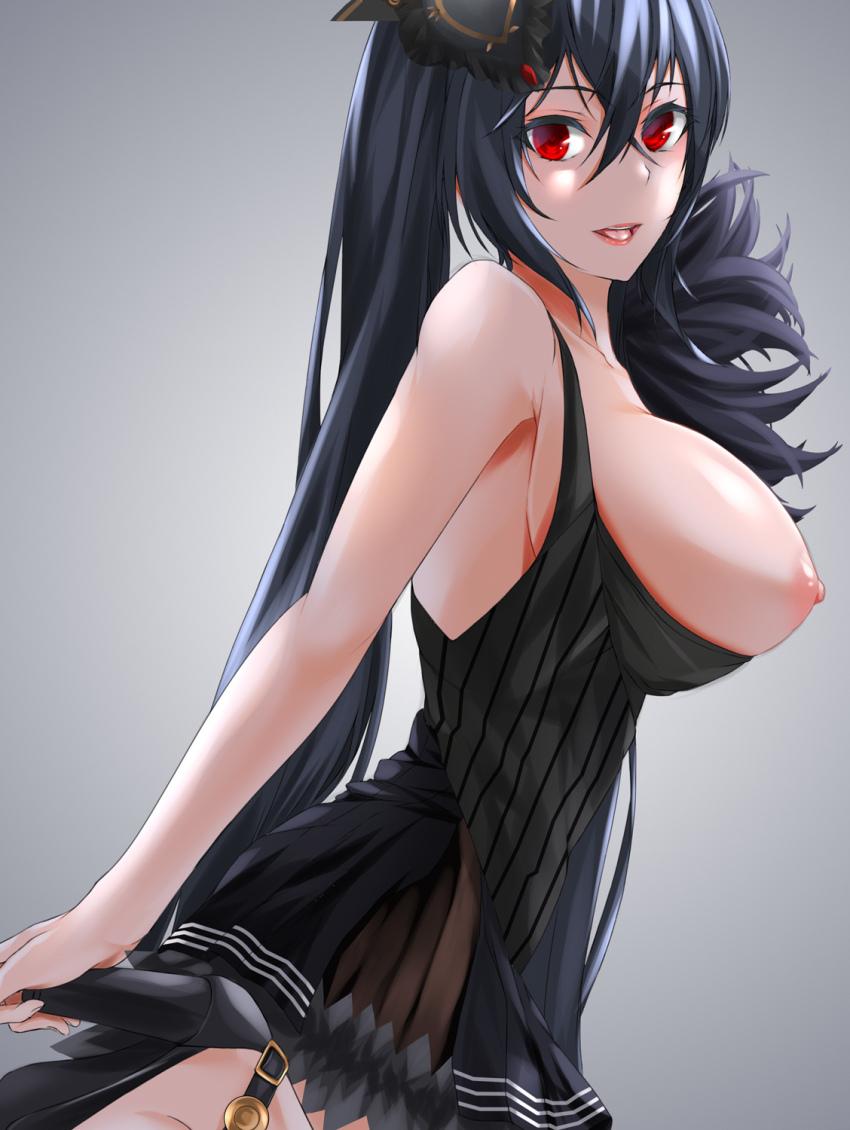 azur_lane bare_shoulders black_footwear black_hair black_skirt breasts breasts_out crossed_bangs from_side grey_background hair_ornament high_heels highres huge_breasts junno_(jun12man) leg_up long_hair nipples red_eyes shoes sideboob simple_background skirt sleeveless sleeveless_jacket solo taihou_(azur_lane) taihou_(muse)_(azur_lane) tongue very_long_hair