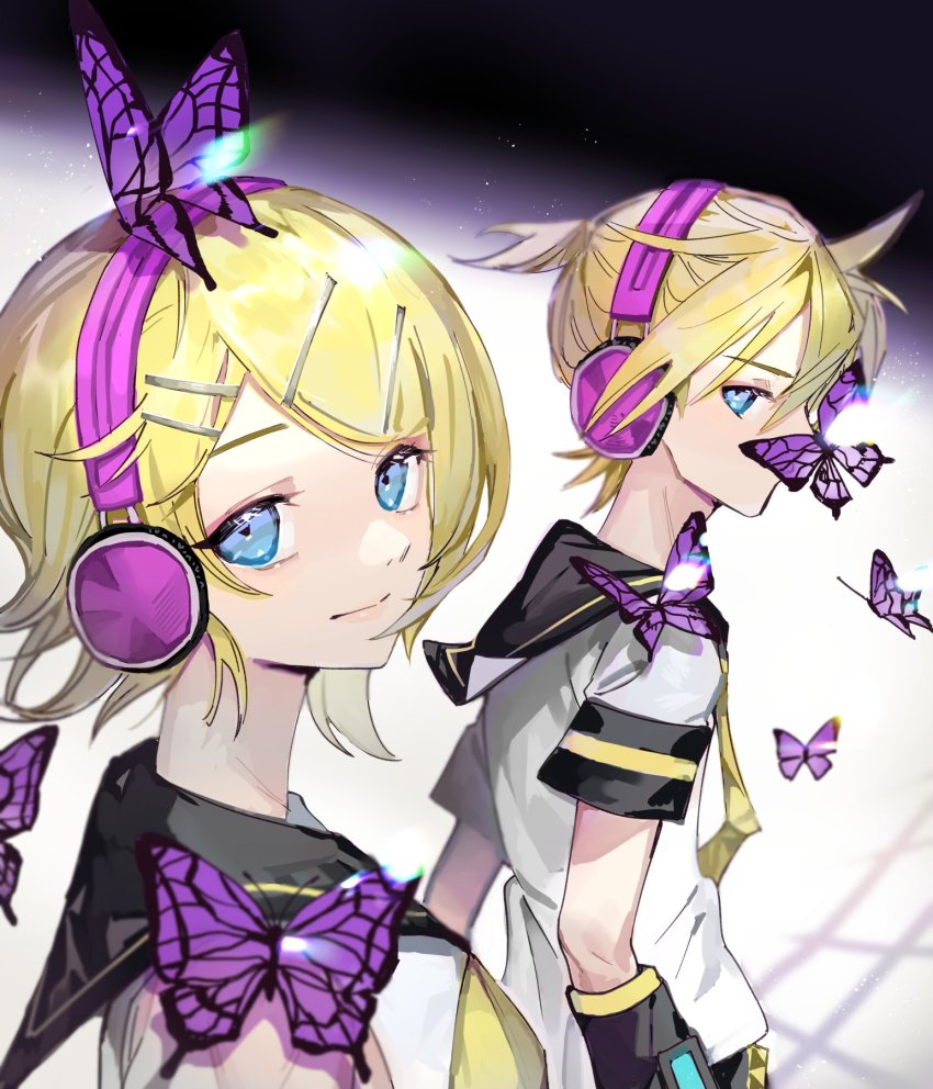 1boy 1girl arm_warmers black_collar black_shorts blonde_hair blue_eyes bug butterfly butterfly_on_nose butterfly_on_shoulder collar collared_shirt commentary hair_ornament hairclip headphones highres insect kagamine_len kagamine_rin light_smile lips looking_at_viewer looking_to_the_side migikata_no_chou_(vocaloid) neckerchief necktie purple_butterfly sailor_collar school_uniform shirt short_hair short_ponytail short_sleeves shorts soyaka spiked_hair standing swept_bangs upper_body vocaloid white_shirt yellow_neckerchief