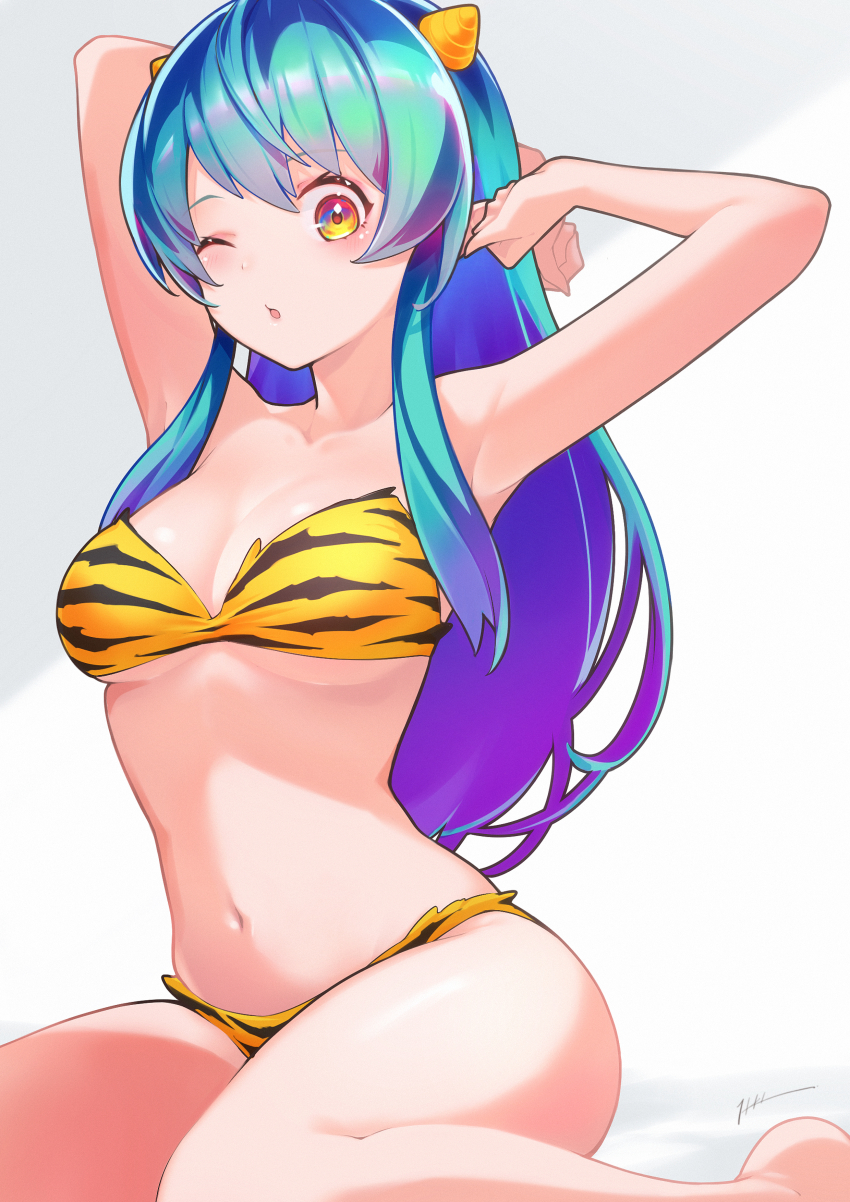 1girl absurdres animal_print arm_behind_head armpits arms_up bare_arms bare_legs bare_shoulders barefoot bikini blue_hair breasts colored_inner_hair commentary cone_horns feet fur_bikini green_hair highres horns itou_kazuki large_breasts long_hair looking_at_viewer lum multicolored_hair navel one_eye_closed oni parted_lips print_bikini purple_hair signature sitting solo stomach strapless strapless_bikini stretching swimsuit thighs tiger_print urusei_yatsura waking_up yellow_bikini yellow_eyes yellow_horns