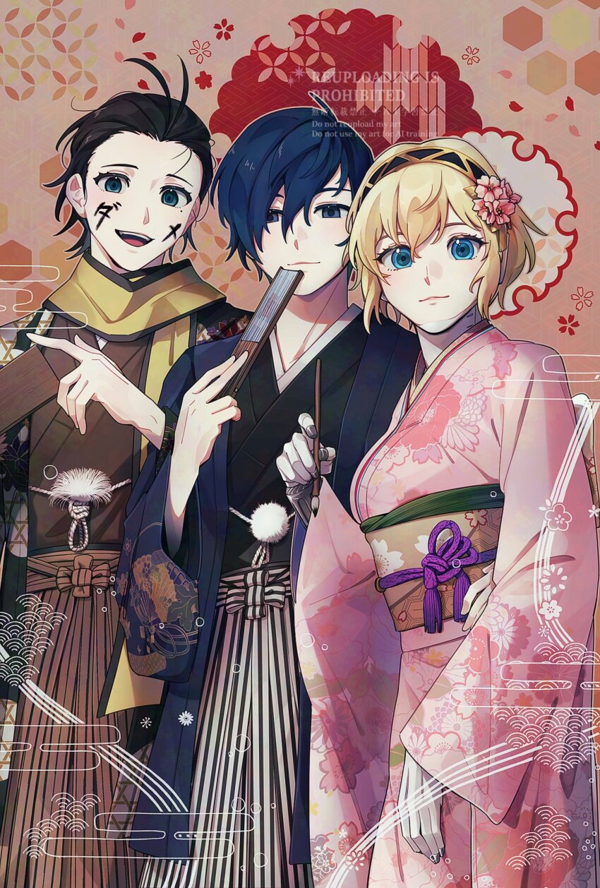 1girl 2boys :3 :d aegis_(persona) alternate_costume arm_around_waist black_hair black_kimono blonde_hair blue_eyes blue_hair body_writing brown_hakama cowboy_shot egasumi elulit2 facepaint floral_print floral_print_kimono flower folded_fan folding_fan hagoita hair_between_eyes hair_flower hair_ornament hair_slicked_back hakama hand_fan hanetsuki haori highres holding holding_brush holding_fan japanese_clothes kimono long_sleeves looking_at_viewer mochizuki_ryouji mole mole_under_eye multiple_boys new_year obiage obijime open_mouth paddle persona persona_3 pink_flower pink_kimono print_kimono sayagata scarf seigaiha shippou_(pattern) short_hair smile striped_hakama tassel vertical-striped_hakama watermark white_hakama wide_sleeves yagasuri yellow_scarf yuuki_makoto_(persona_3)