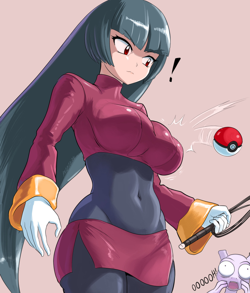 ! 1girl absurdres arms_at_sides black_hair blunt_bangs bodystocking breasts brown_background commentary constricted_pupils covered_navel cowboy_shot creatures_(company) crop_top cropped_jacket english_commentary game_freak gen_1_pokemon gloves highres holding holding_whip impossible_clothes impossible_jacket jacket large_breasts legendary_pokemon long_hair looking_at_object mewtwo microskirt motion_lines nintendo pantyhose poke_ball poke_ball_(basic) pokemon pokemon_(creature) pokemon_frlg profitshame red_eyes red_jacket red_skirt sabrina_(pokemon) simple_background skirt solo_focus surprised three_quarter_view turtleneck turtleneck_jacket v-shaped_eyebrows very_long_hair whip white_gloves wide-eyed