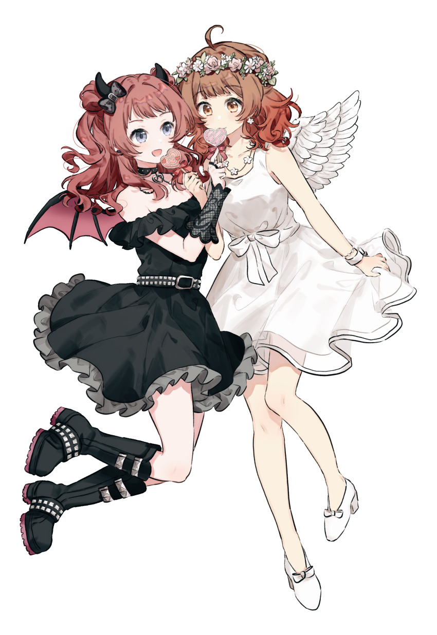 2girls absurdres ahoge angel_wings bare_shoulders belt belt_buckle black_belt black_bow black_choker black_dress black_footwear black_vs_white boots bow bracelet brown_eyes buckle candy choker collarbone demon_horns demon_wings detached_sleeves double_bun dress earrings flower flower_bracelet flower_earrings flower_necklace food footwear_bow frilled_dress frills gakuen_idolmaster gradient_hair hair_bow hair_bun hanami_saki hanami_ume high_heels highres holding holding_candy holding_food holding_lollipop horns idolmaster jewelry lace_sleeves lollipop migolu mouth_hold multicolored_hair multiple_girls multiple_rings necklace pink_flower pink_rose purple_eyes red_hair ring rose siblings simple_background sisters sleeveless sleeveless_dress studded_belt studded_footwear two_side_up waist_bow wavy_hair white_background white_bow white_dress white_flower white_footwear white_wings wings