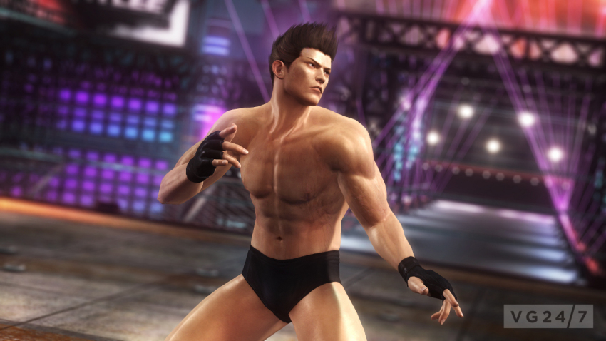 1boy 3d abs arena brown_eyes brown_hair dead_or_alive dead_or_alive_5 gloves jann_lee lights male_focus muscular navel night nipples official_art pectorals short_hair solo standing sweat tecmo underwear