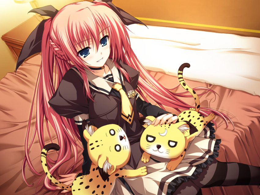 1girl 2others akatsuki_no_goei bed bed_sheet black_serafuku black_thighhighs cheetah game_cg highres kanata_(akatsuki_no_goei) multiple_others nikaidou_reika on_bed petting school_uniform serafuku skirt smile sonata_(akatsuki_no_goei) thighhighs tomose_shunsaku twintails white_skirt