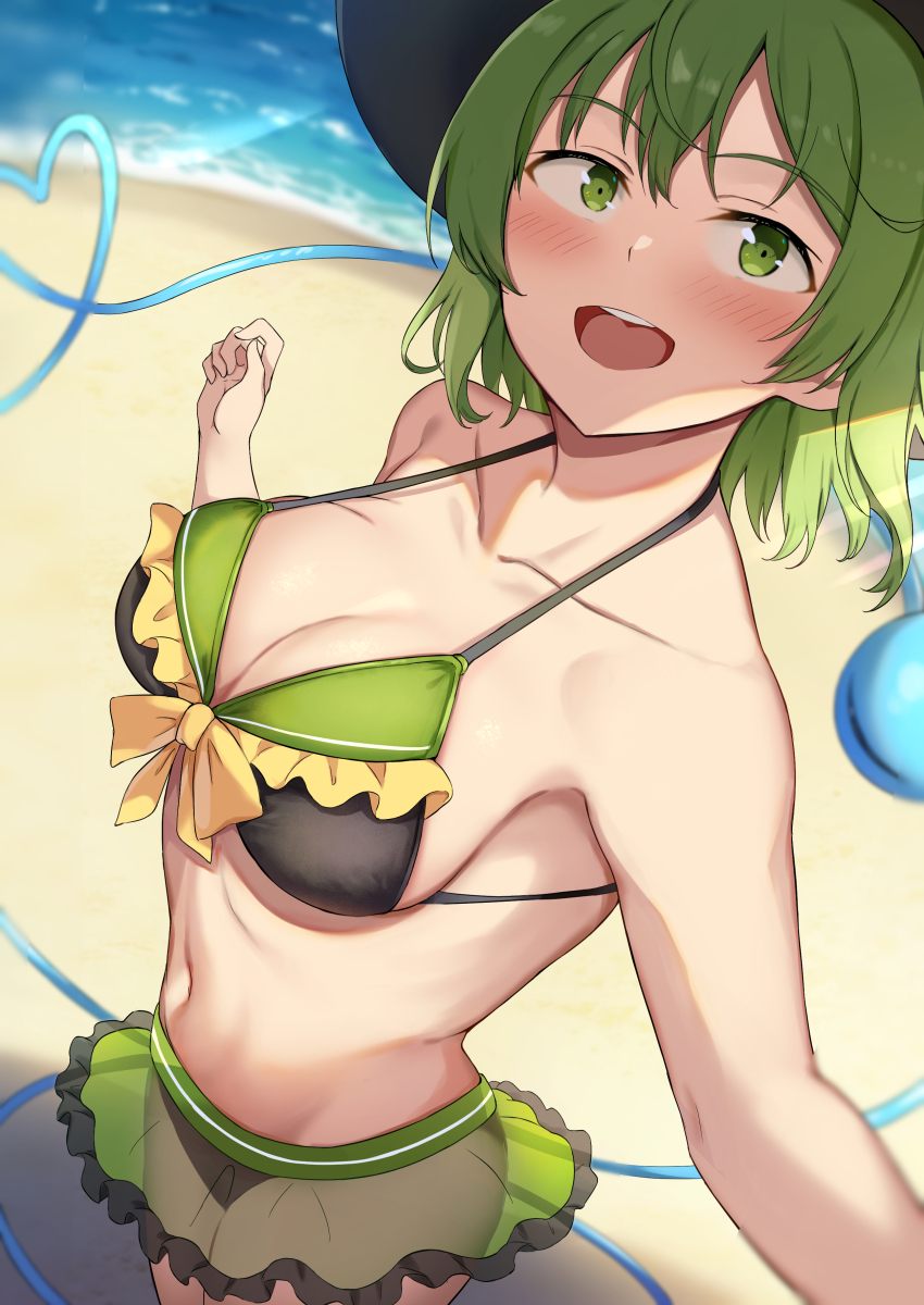 1girl :d absurdres adapted_costume beach bikini black_bikini blush breasts cleavage commentary_request frilled_bikini frilled_skirt frills from_above from_side front-tie_bikini_top front-tie_top green_eyes green_hair green_skirt hair_between_eyes hands_up happy heart heart_of_string highres komeiji_koishi looking_at_viewer looking_up medium_breasts medium_hair nagomian navel ocean one_eye_closed open_mouth outdoors outstretched_arm see-through_clothes see-through_skirt skirt smile solo swimsuit teeth third_eye touhou upper_teeth_only