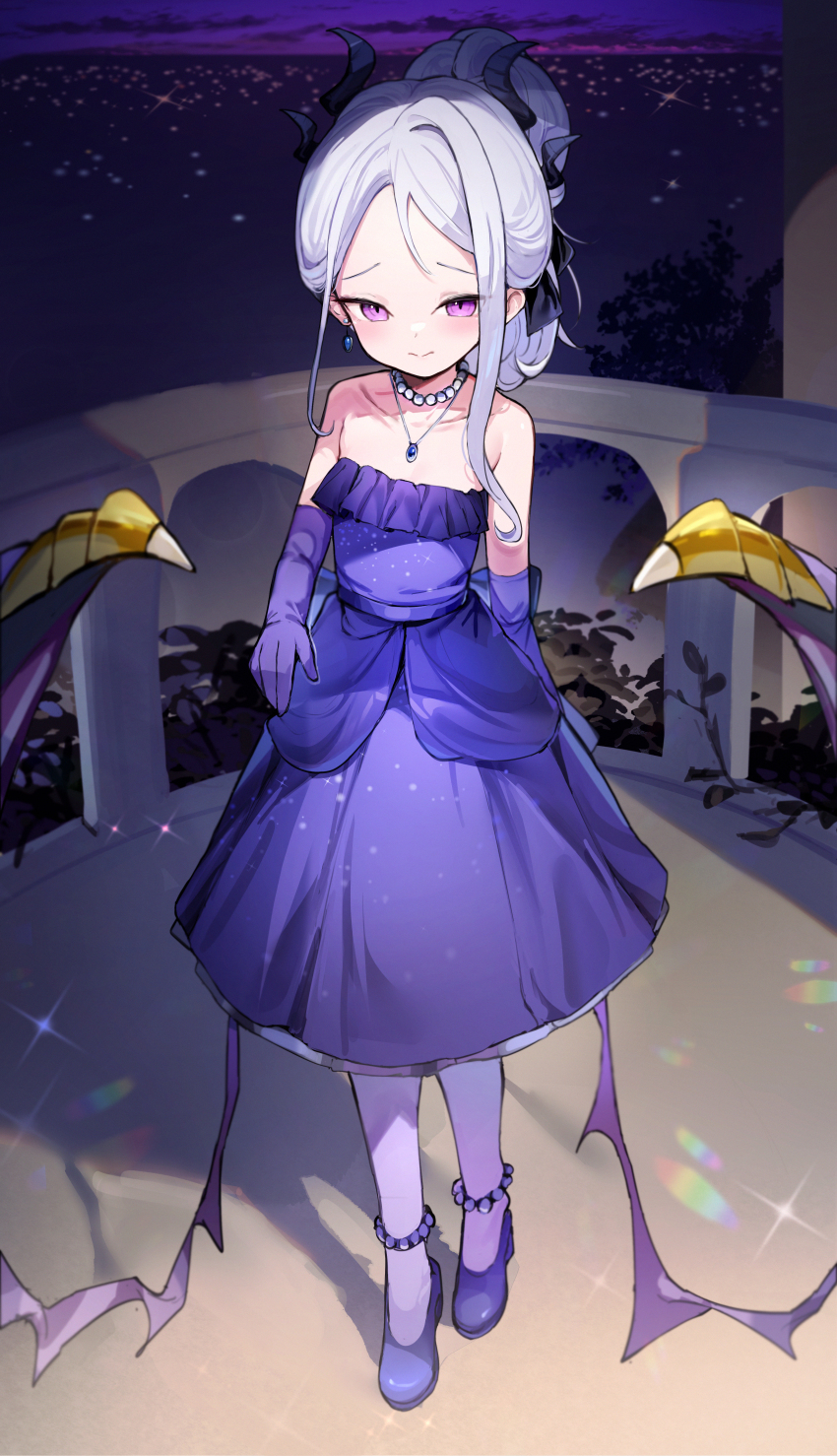 1girl absurdres bare_shoulders bead_necklace beads black_horns blue_archive blue_dress cloud collarbone dress elbow_gloves evening_gown full_body gloves highres hina_(blue_archive) hina_(dress)_(blue_archive) horns jewelry looking_at_viewer low_wings medium_hair necklace official_alternate_costume outdoors purple_gloves purple_wings solo somray standing white_hair wings