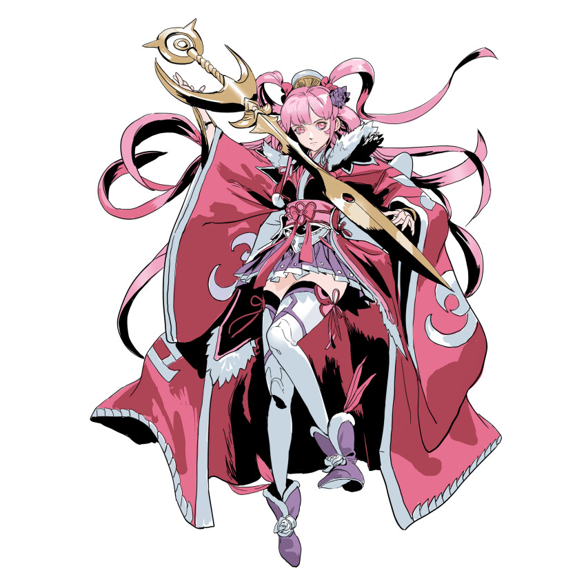 1girl arm_up bracelet closed_mouth dress flower full_body fur_trim hair_flower hair_ornament highres jewelry leg_up long_hair long_sleeves michaelcty mu_xiaokui_(jade_dancer)_(phantom_blade) mu_xiaokui_(phantom_blade) phantom_blade_(game) pink_dress pink_eyes pink_skirt purple_footwear sash skirt solo sword thighhighs twintails weapon white_background white_thighhighs