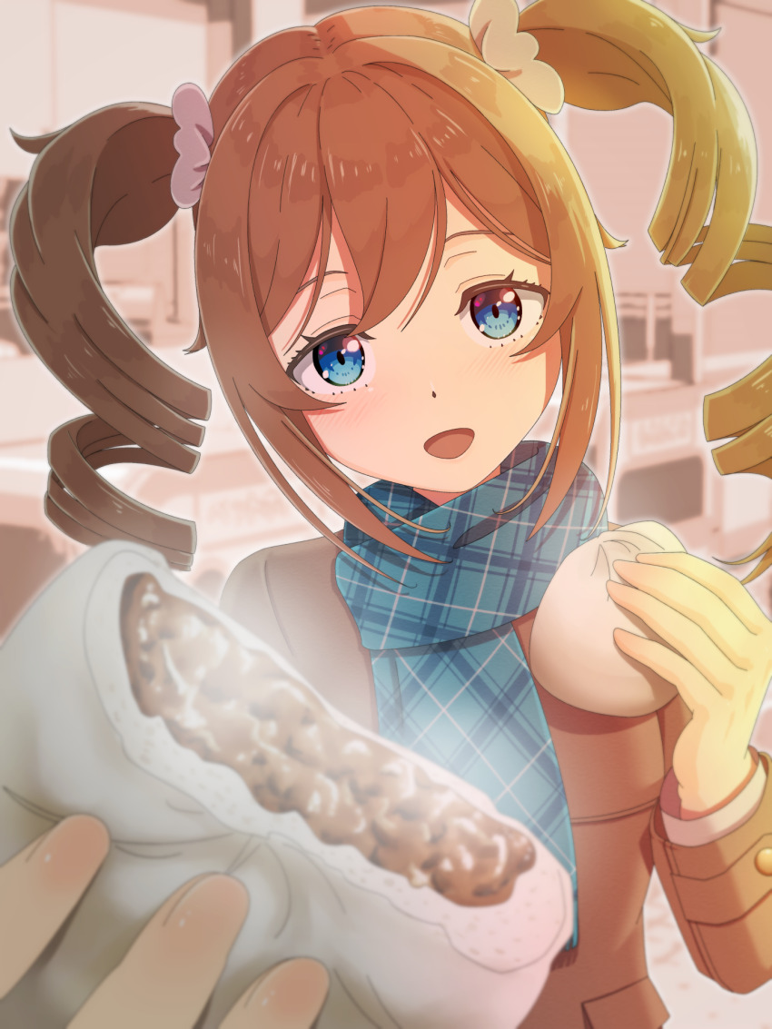 1girl alternate_costume aqua_scarf baozi barbara_(genshin_impact) blue_eyes blurry blurry_background brown_jacket commentary_request depth_of_field dot_nose drill_hair food foreshortening genshin_impact hair_between_eyes hair_intakes head_tilt highres holding holding_food incoming_food indoors jacket light_brown_hair looking_at_viewer mimi_furue open_mouth plaid_clothes plaid_scarf raised_eyebrows scarf sidelocks steam sunlight tareme twin_drills twintails