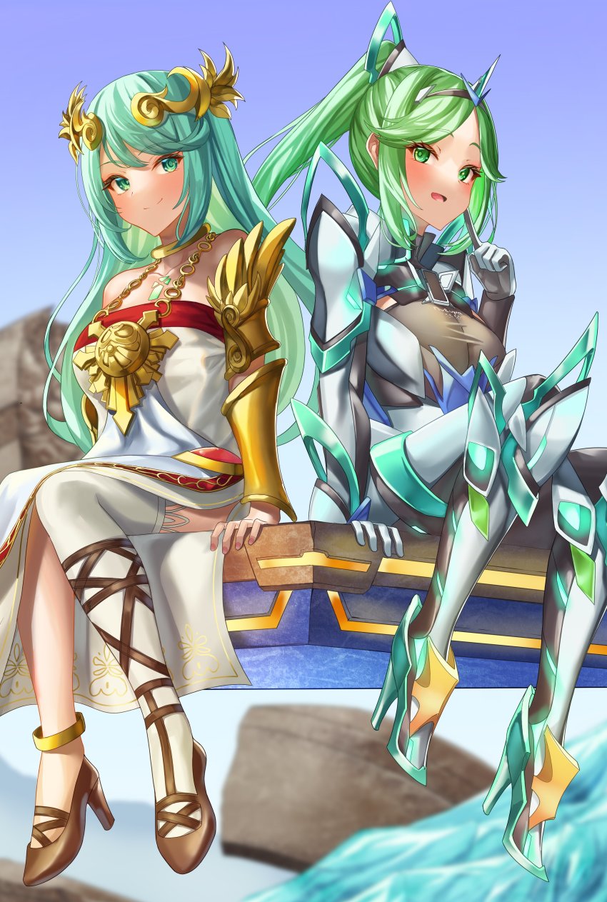 2girls absurdres alternate_hairstyle ancient_greek_clothes armlet belt breasts chest_jewel chiton cosplay costume_switch crossover dress earrings female_focus forehead_jewel gloves green_eyes green_hair hairstyle_switch high_heels highres jewelry kid_icarus large_breasts laurel_crown long_hair matching_hair/eyes multiple_belts multiple_girls nintendo palutena pendant pneuma_(xenoblade) ponytail sandals side_slit single_thighhigh sitting strapless strapless_dress super_smash_bros. swept_bangs thighhighs tiara trait_connection vambraces very_long_hair white-paka xenoblade_chronicles_(series) xenoblade_chronicles_2