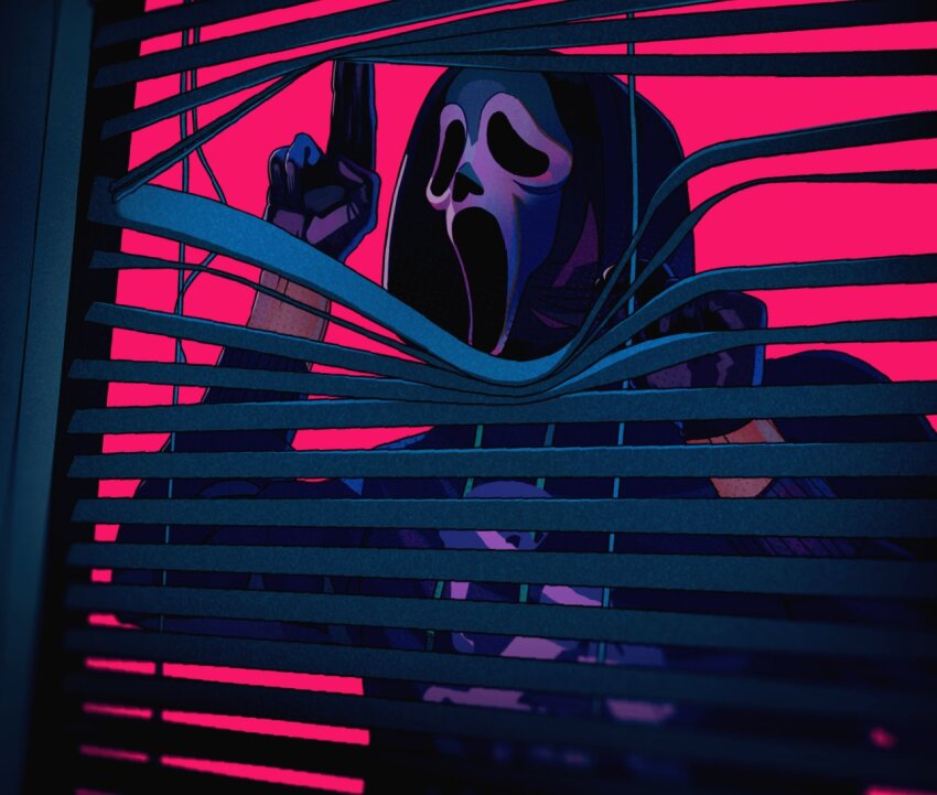 1boy arm_up black_gloves black_hood black_hoodie commentary drawstring english_commentary ghostface gloves hood hood_up hoodie long_sleeves male_focus mask pink_background print_hoodie scream_(movie) solo upper_body weirdrws window_blinds