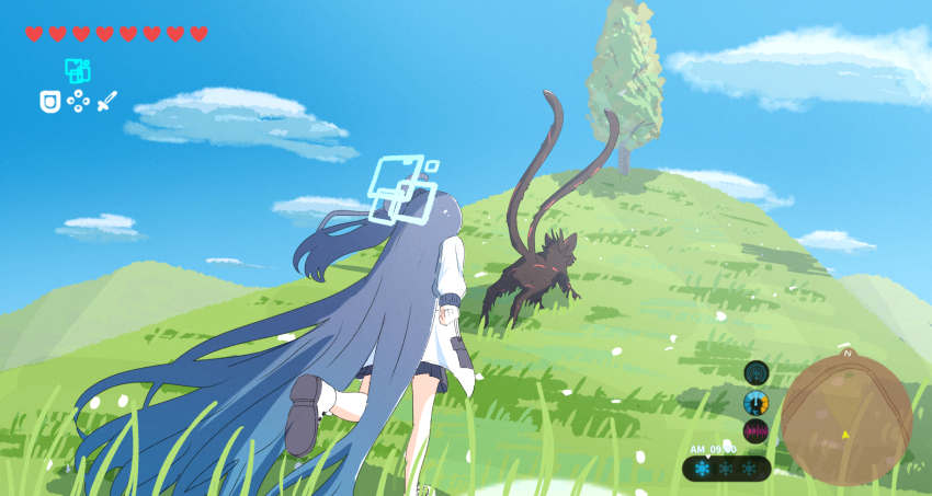 1girl absurdly_long_hair aris_(blue_archive) blue_archive blue_hair fake_screenshot fox highres hill jacket kurokage_(blue_archive) long_hair miaki_(mi_autumn39) multiple_tails nature one_side_up tail tree very_long_hair video_game white_footwear white_jacket