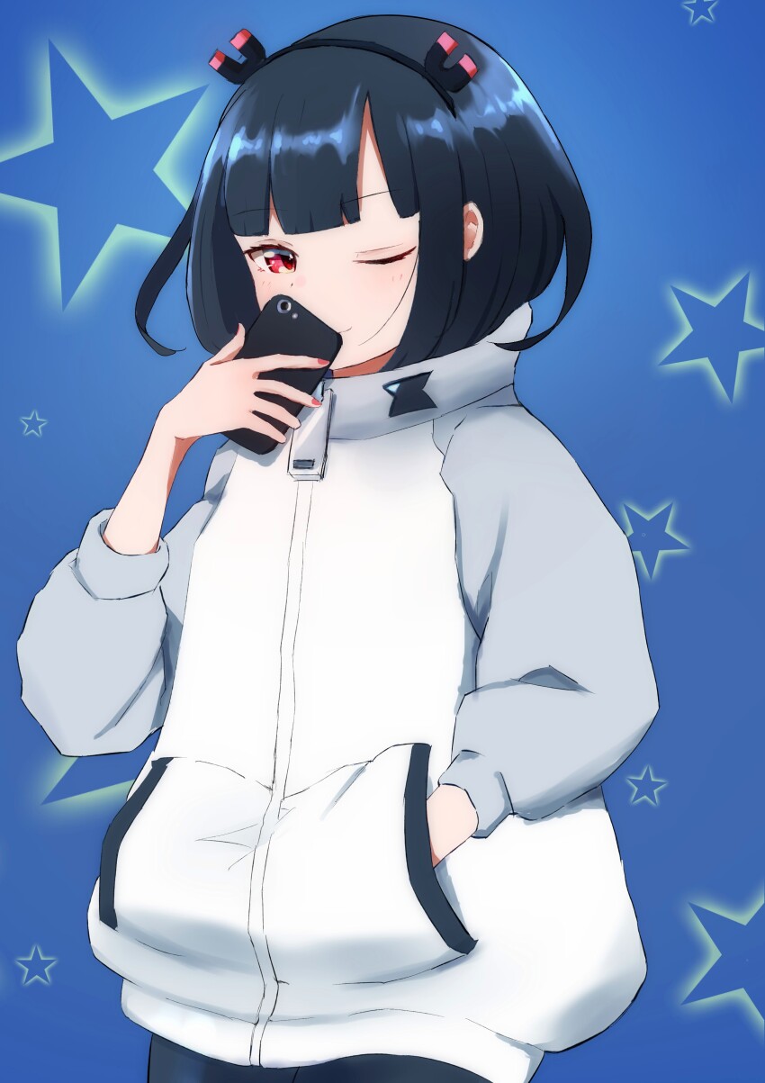 1girl absurdres black_hair black_hairband blue_background blunt_bangs capo1_1 cellphone commentary_request covering_face grey_jacket hairband half-closed_eyes hand_in_pocket hand_up high_collar highres holding holding_phone jacket jitomi_monoe long_sleeves looking_at_viewer magnet one_eye_closed phone puffy_sleeves red_eyes red_nails simple_background smartphone smile solo standing star_(symbol) starry_background upper_body virtual_youtuber voms white_jacket zipper_pull_tab