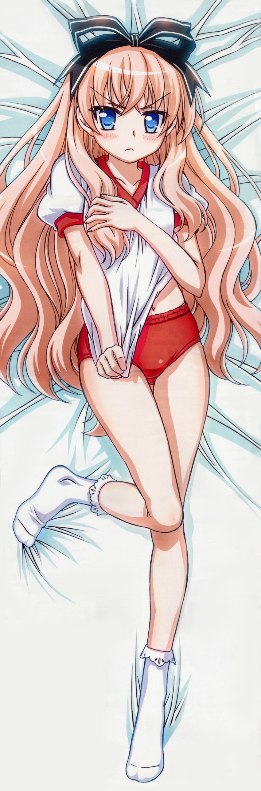 1girl absurdres artist_request bed_sheet blue_eyes bobby_socks bow brown_hair buruma clothes_pull dakimakura_(medium) feet female_focus full_body gym_uniform hair_bow highres legs long_hair long_image lying mayoi_neko_overrun! no_shoes scan shirt_pull socks solo tall_image umenomori_chise very_long_hair