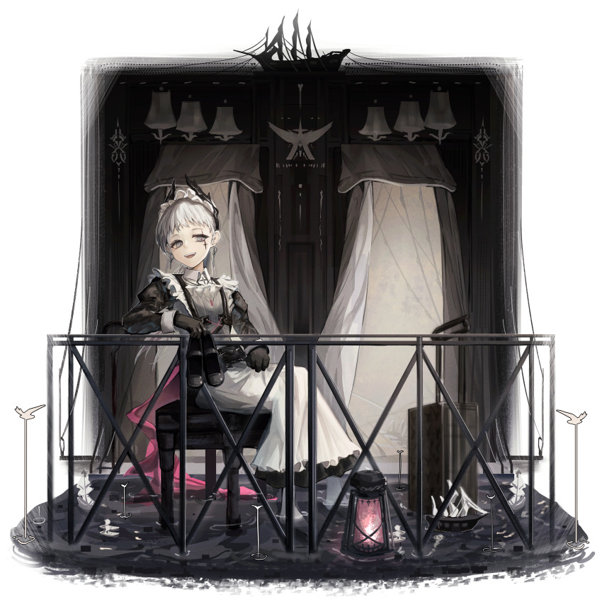 1girl absurdres apron arknights black_footwear black_gloves black_sleeves cross_scar dress frilled_apron frilled_headwear frills gloves grey_eyes head_wings highres holding holding_shoes iberia_logo irene_(arknights) irene_(voyage_of_feathers)_(arknights) kotowaza lantern long_sleeves maid maid_apron maid_headdress mary_janes pink_pupils scar scar_across_eye scar_on_face shoes sitting smile soaking_feet socks solo sword_earrings water white_apron white_dress white_hair white_headdress white_socks wings