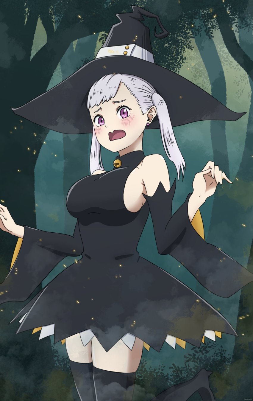 1girl bare_shoulders black_clover blush breasts dress forest halloween halloween_costume hat highres large_breasts long_hair nature noelle_silva open_mouth pink_eyes shyroceruss sideboob silver_hair surprised thick_thighs thighhighs thighs witch witch_hat