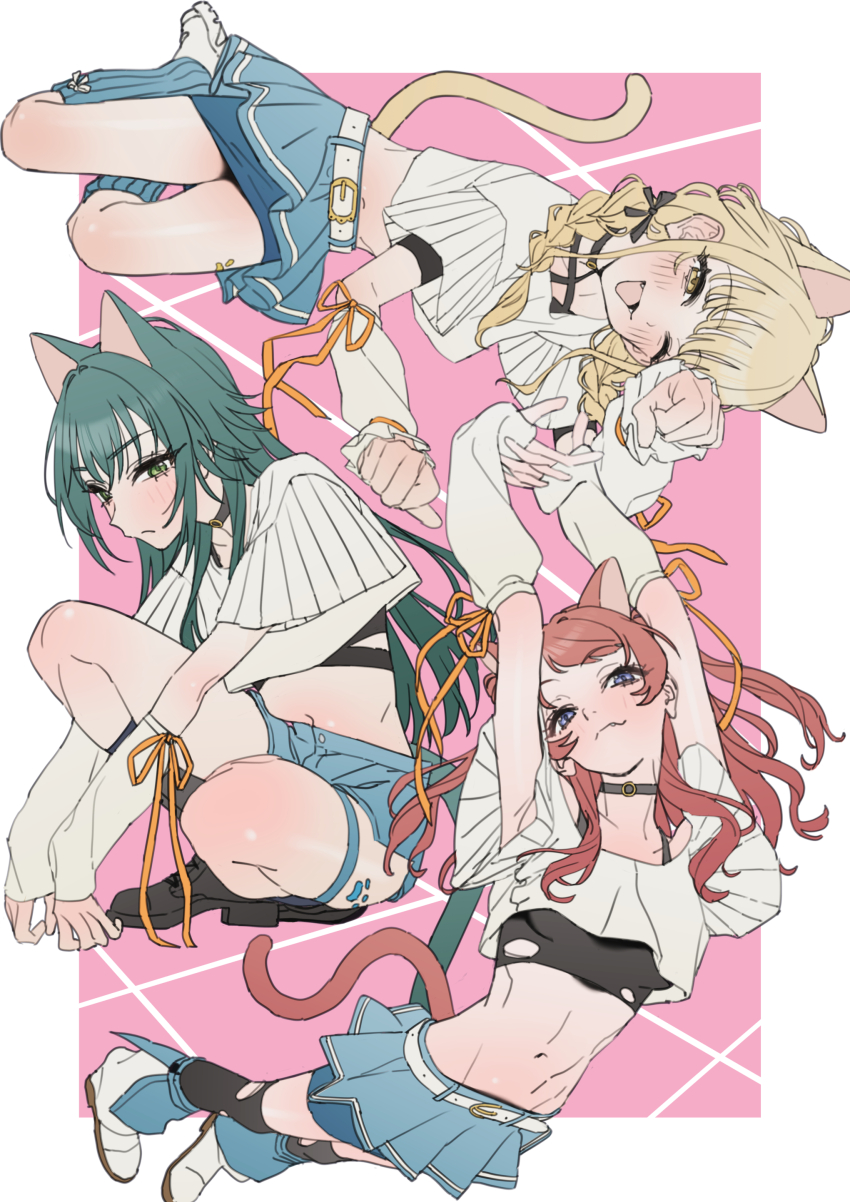 3girls ;d absurdres animal_ears armpits arms_up black_choker blonde_hair blue_overskirt blue_skirt bodypaint border cat_ears cat_tail choker commentary_request cropped_shirt fang fang_out fujita_kotone full_body gakuen_idolmaster green_hair hanami_saki highres idolmaster kemonomimi_mode looking_at_viewer multiple_girls naga-agan one_eye_closed open_mouth own_hands_together paw_pose paw_print pink_background red_hair shirt skirt smile tail thigh_strap tsukimura_temari white_arm_warmers white_border white_shirt