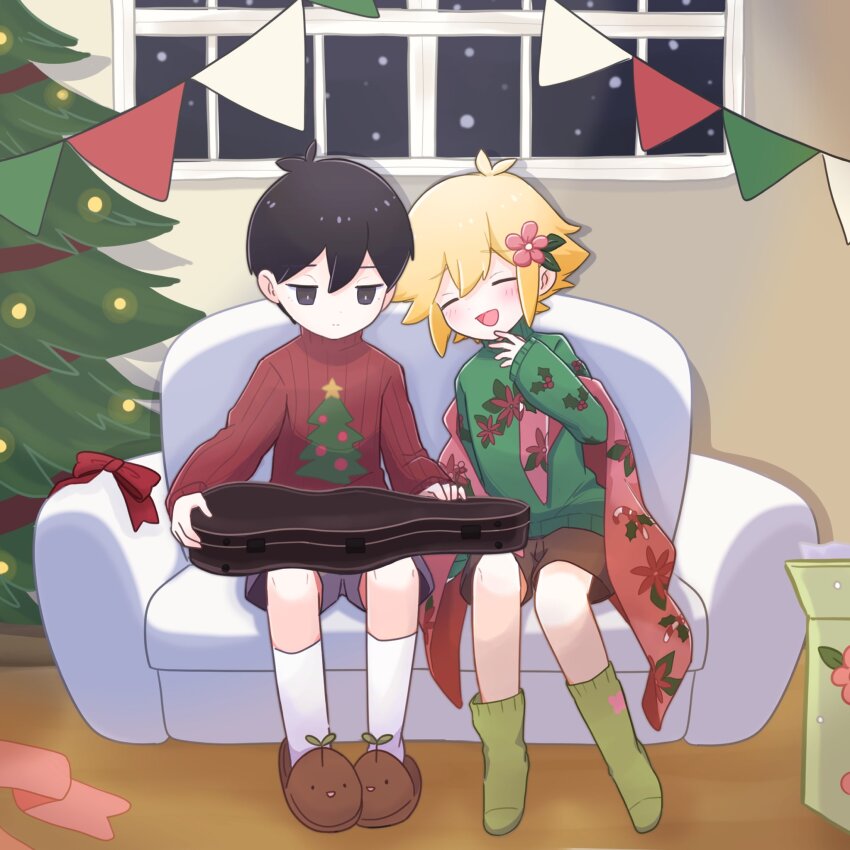 2boys basil_(faraway)_(omori) basil_(omori) black_eyes black_hair blonde_hair christmas christmas_tree closed_mouth couch flower green_socks green_sweater hair_flower hair_ornament hatoba_(hatoba_yado) highres indoors instrument_case long_sleeves multiple_boys night omori open_mouth red_sweater ribbed_sweater short_hair slippers snowing socks spoilers sprout_mole sunny_(omori) sweater violin_case white_socks window