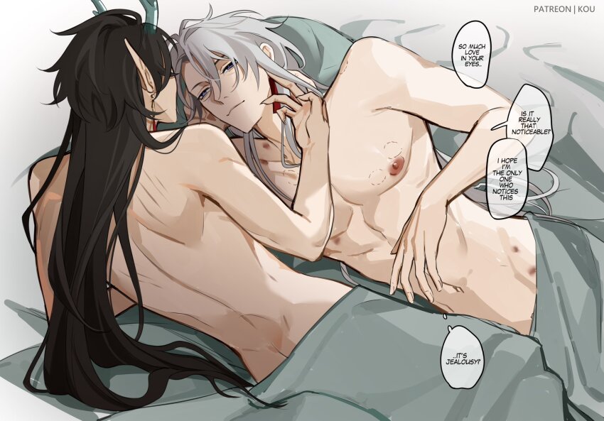 2boys aftersex bed_sheet bite_mark black_hair blade_(honkai:_star_rail) closed_mouth commentary couple covered_erect_nipples dan_heng_(honkai:_star_rail) dan_heng_(imbibitor_lunae)_(honkai:_star_rail) dragon_boy dragon_horns earrings english_commentary english_text green_horns hair_between_eyes hickey highres honkai:_star_rail honkai_(series) horns jewelry long_hair looking_at_another lying male_focus multiple_boys navel nude on_bed on_side open_hand patreon_username pointy_ears purple_eyes speech_bubble white_hair yaoi yingxing_(honkai:_star_rail) yukaero4