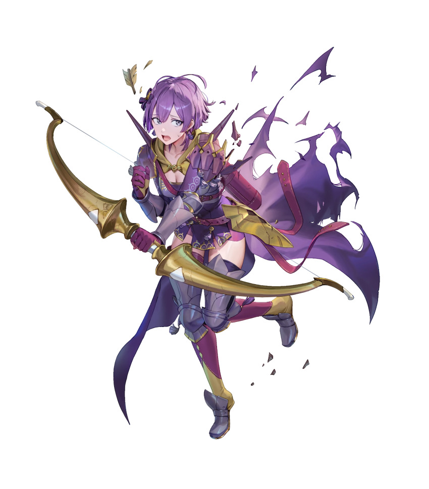 1girl aged_up armor bernadetta_von_varley bernadetta_von_varley_(sheltered_loner) bow_(weapon) breastplate breasts damaged fire_emblem fire_emblem:_three_houses fire_emblem_heroes gesoking hair_ribbon highres holding holding_bow_(weapon) holding_weapon jewelry knee_guards medium_hair nintendo non-web_source official_alternate_costume official_art open_mouth purple_eyes purple_hair ribbon small_breasts solo thighhighs thighlet torn_clothes weapon