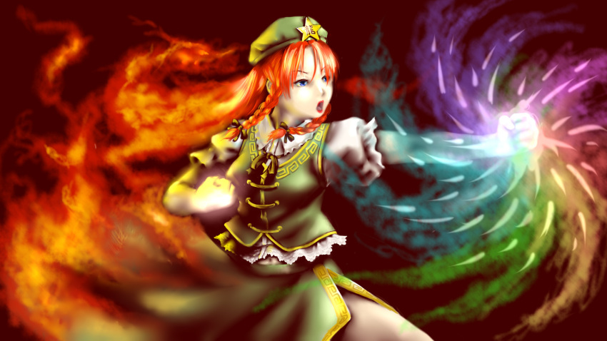 1girl blue_eyes bow braid clenched_hands danmaku facing_away female_focus fiery_background fighting_stance fire glowing glowing_hands hair_bow hat highres hong_meiling kawahagi_modoki lips long_hair open_mouth outstretched_arm pyrokinesis red_hair short_sleeves skirt skirt_set solo star_(symbol) touhou twin_braids