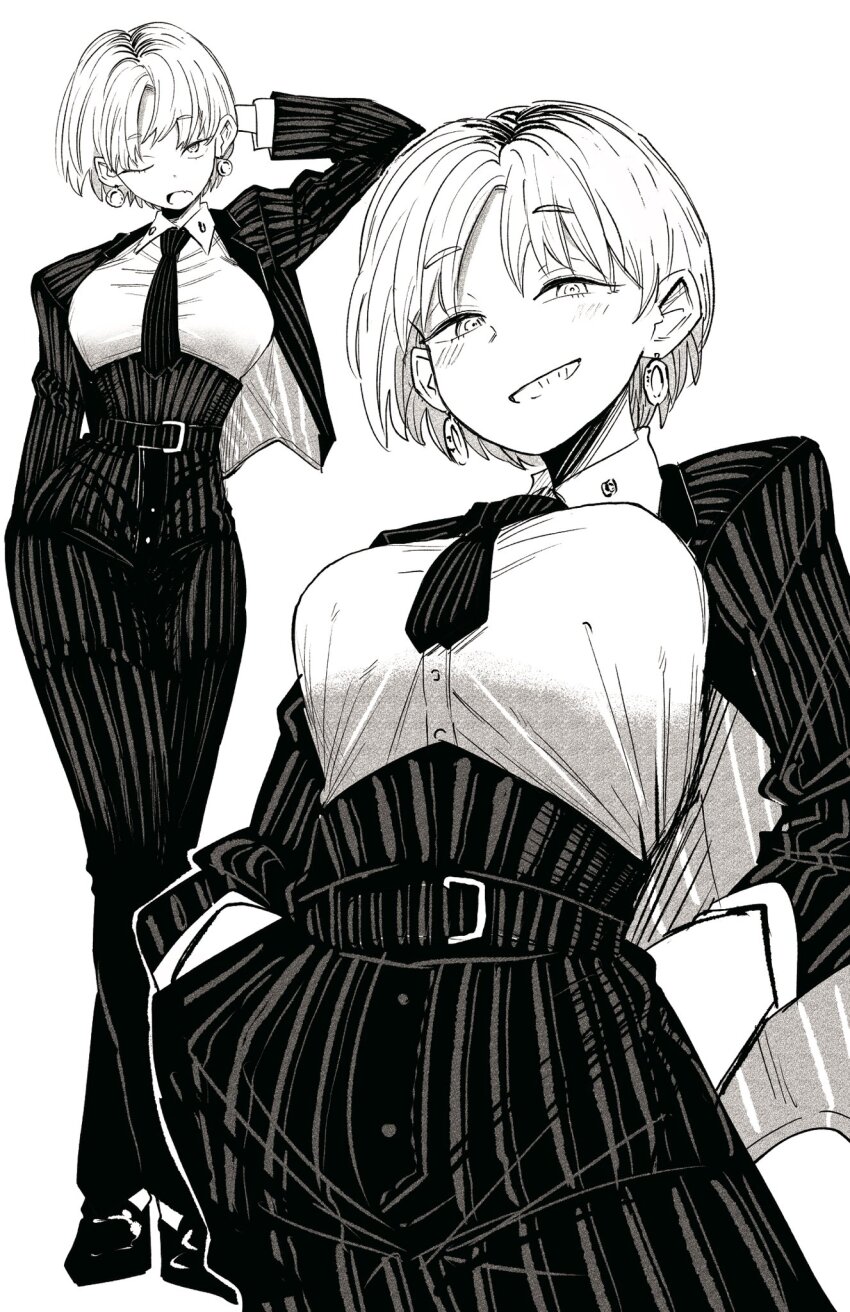 1girl belt blush breasts collared_shirt earrings formal_clothes greyscale grin hands_in_pockets high-waist_pants highres jacket jewelry large_breasts looking_at_viewer monochrome multiple_views necktie one_eye_closed open_clothes open_jacket open_mouth original pants shirt short_hair simple_background smile striped_clothes striped_jacket striped_necktie striped_pants striped_suit suit white_background ya_si0