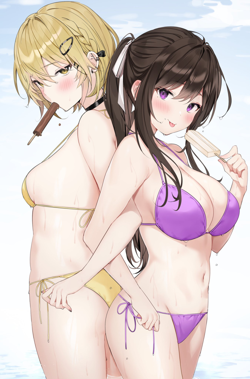 2girls :p bare_arms bare_shoulders bikini black_choker black_hair blonde_hair blush braid breasts brown_hair choker cleavage cowboy_shot dripping ear_piercing food from_side groin hair_ornament hair_ribbon hairclip halterneck highres holding large_breasts locked_arms long_hair looking_at_viewer mole mole_on_breast mole_under_eye mouth_hold multiple_girls navel original outdoors piercing ponytail popsicle purple_bikini purple_eyes ribbon short_hair side-tie_bikini_bottom sidelocks small_breasts smile stomach strap_gap string_bikini swimsuit thighs tongue tongue_out tupet wet xretakex yellow_bikini yellow_eyes