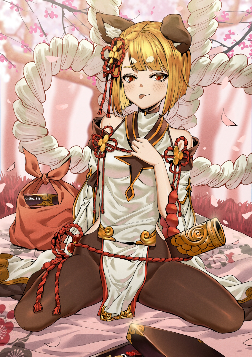 1girl :p absurdres animal_ears bad_id bare_shoulders bento blonde_hair blush bodysuit breasts cherry_blossoms female_focus food granblue_fantasy grass hair_ornament highres looking_at_viewer makise_minami medium_breasts pantyhose sheath short_hair sitting smile solo tongue tongue_out vajra_(granblue_fantasy) wariza yellow_eyes