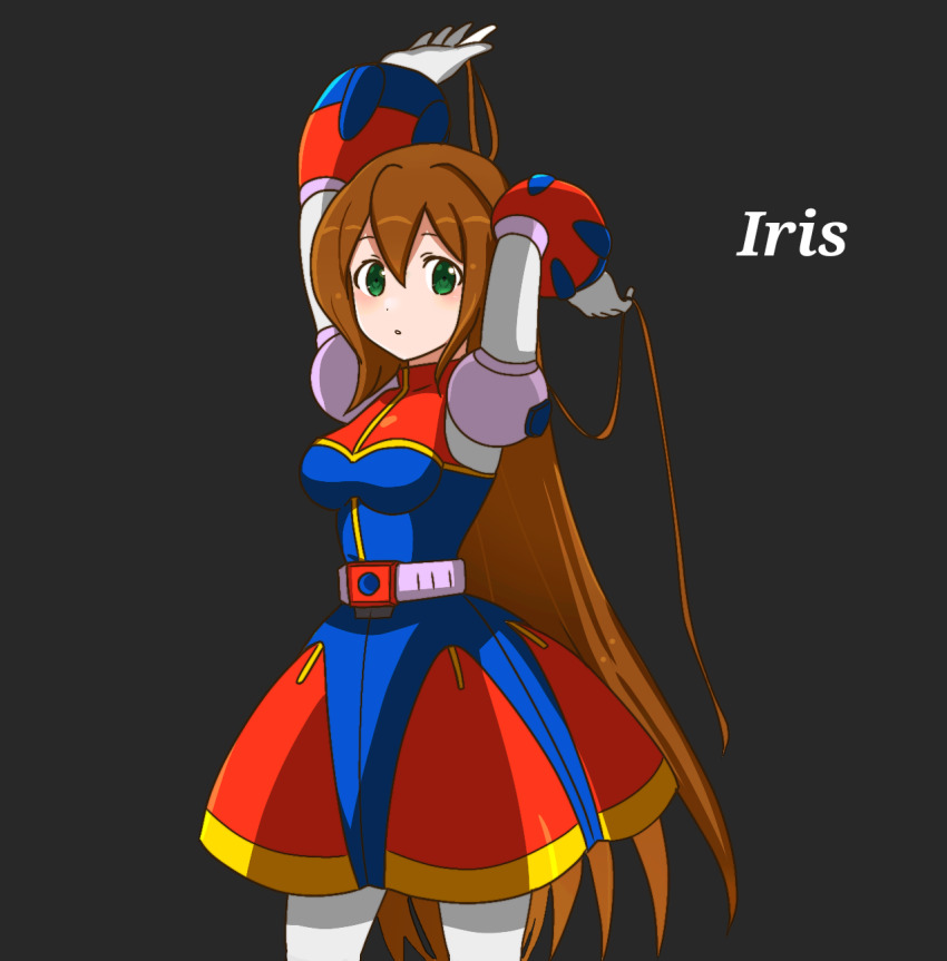 1girl 398sky :o alternate_hairstyle arms_up blue_dress brown_hair character_name cowboy_shot dress green_eyes grey_background hair_between_eyes highres holding holding_own_hair iris_(mega_man) long_hair looking_at_viewer loose_hair_strand mega_man_(series) mega_man_x_(series) multicolored_clothes no_headwear parted_lips red_dress robot robot_girl simple_background solo very_long_hair