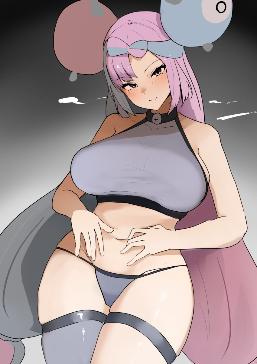 1girl absurdres bow-shaped_hair breasts character_hair_ornament creatures_(company) game_freak hair_ornament hands_on_own_stomach highres iono_(pokemon) large_breasts long_hair low-tied_long_hair multicolored_hair navel nintendo pokemon pokemon_sv seductive_gaze seductive_smile smile solo split-color_hair spread_navel tatsu_(user_rjes8545) two-tone_hair